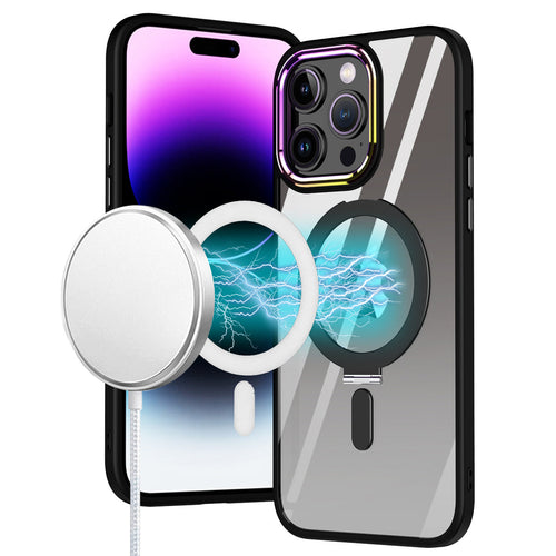 For iPhone 11 (XI6.1) Dazzle [Magnetic Circle] Kickstand Alloy Chrome Transparent Hybrid - Black