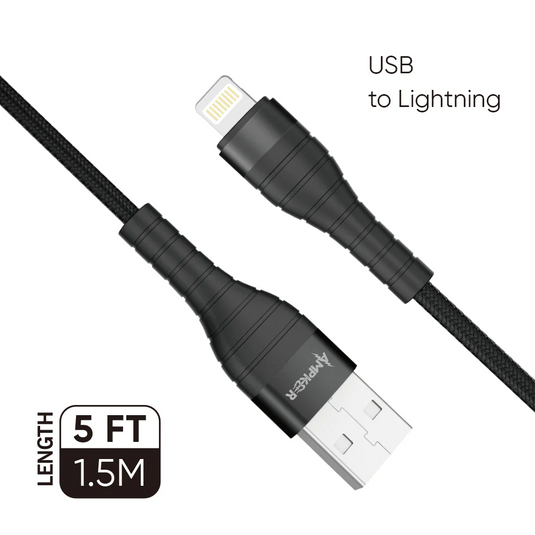 2.4A High Quality Nylon Braided 1.5M / 5FT For USB to Lightning Black Zinc Alloy Cable  Black