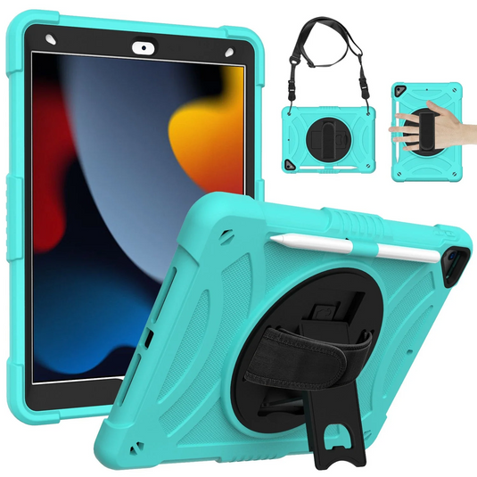 For Apple iPad 9th 8th 7th Gen 10.2 inch Tablet Hand and Shoulder Strap with Kickstand 3in1 Tough Hybrid - Teal Apple iPad 9th 8th 7th Gen 10.2 inch Teal